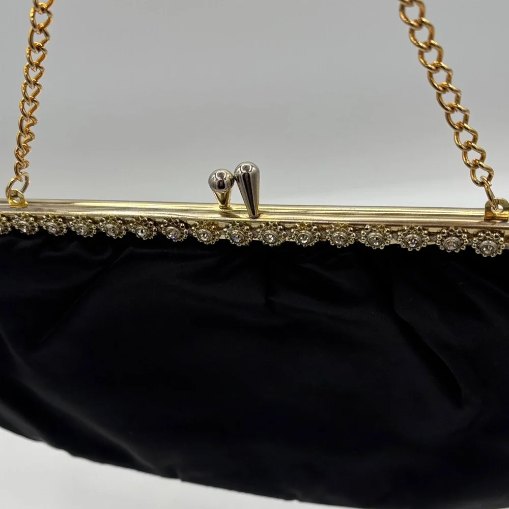 Vintage Elegant Black Evening Clutch Gold Chain w/ Floral Rhinestones on Frame